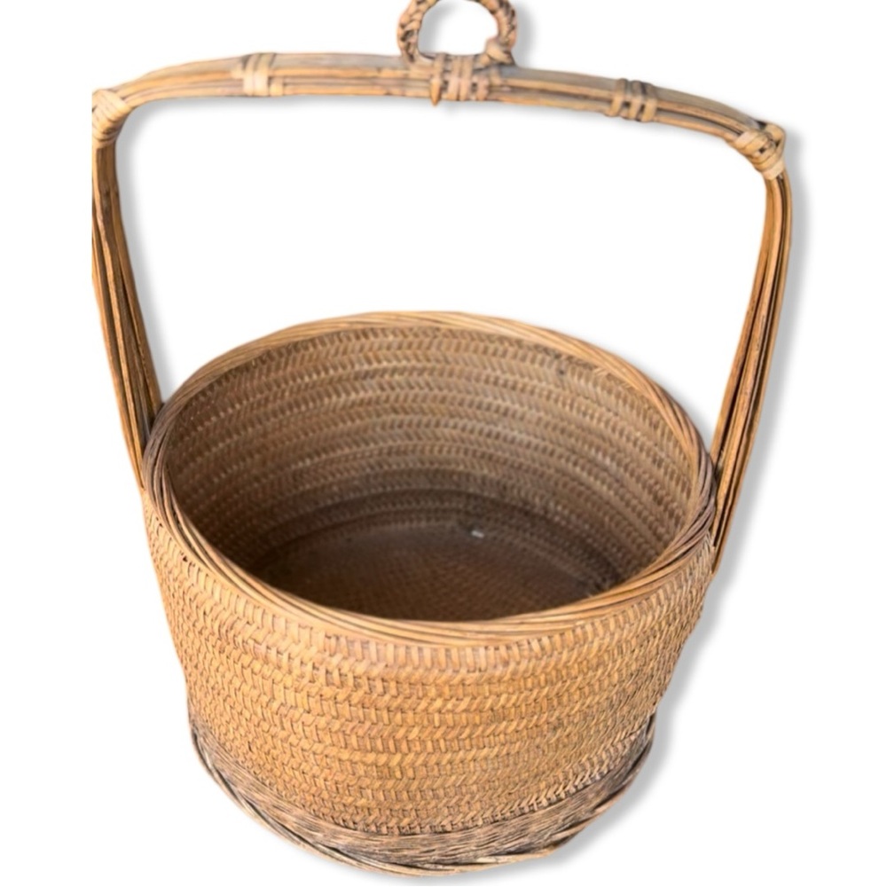 Antique Chinese Wedding Woven Bamboo Handled Basket - Natural Tan